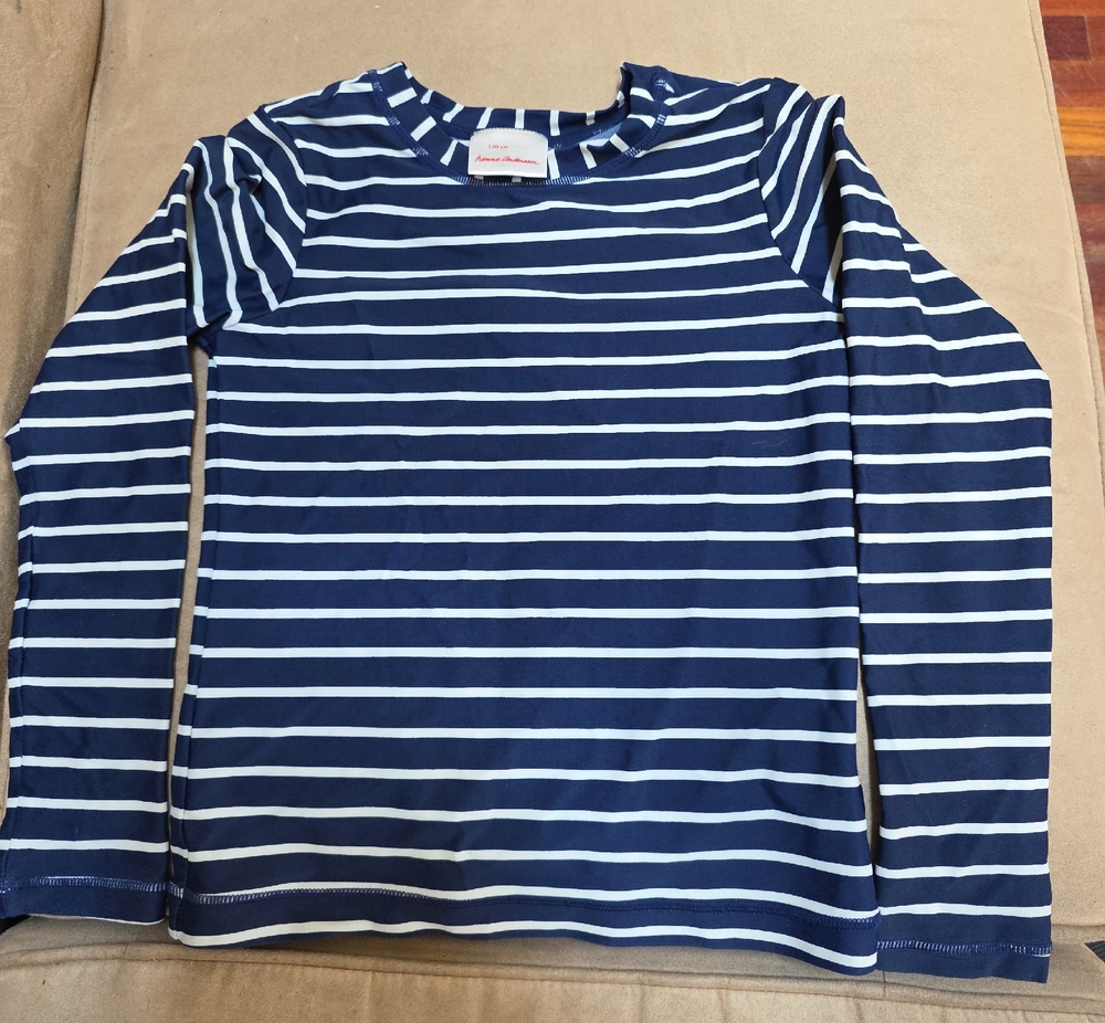 Hanna Andersson Navy & White Striped Long-Sleeve Swim Rashguard Top